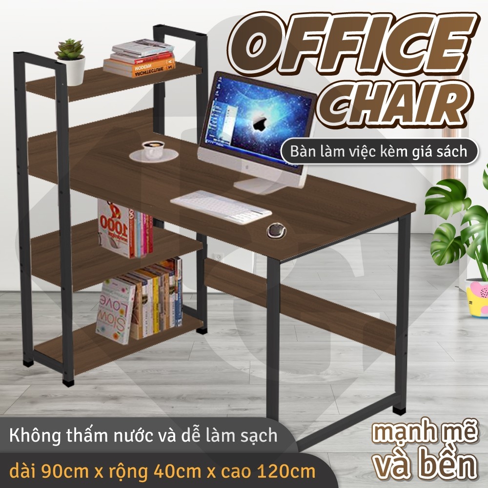 BG Bàn làm việc Mẫu T90 khung sắt kèm giá sách chịu lực cao, bàn vi tính hoặc bàn học, làm việc lắp ráp dễ dàng, (dài 90cm x rộng 40cm x cao 120cm)