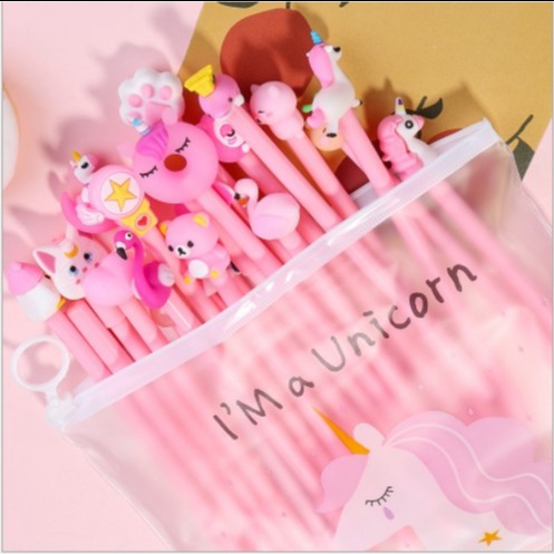 Set 20 bút cute, nhiều hình dễ thương kèm túi bút trong suốt