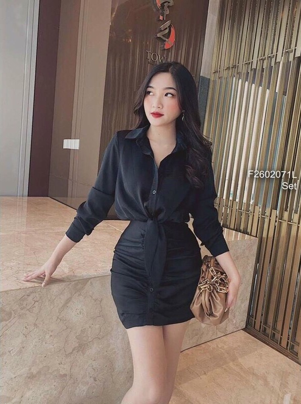 Sét áo sơ mi cài nút cột nơ kèm chân váy có lót kidlove store free size 40-55kg hàng giá rẻ chất lượng cao