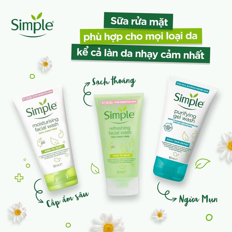 Chính hãng simple sữa rửa mặt simple lành tính sạch thoáng - cho da nhạy cảm tuýp 150ml
