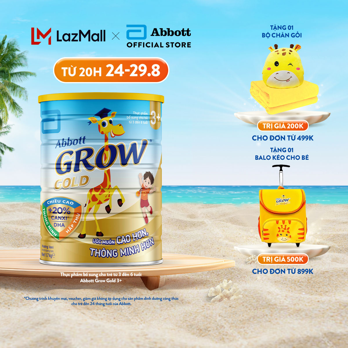 (CHỈ 20H 24-29.8 TẶNG QUÀ CHO ĐH TỪ 499K-SLCH) Sữa Bột Abbott Grow Gold 3+ Hương Vani 1.6kg