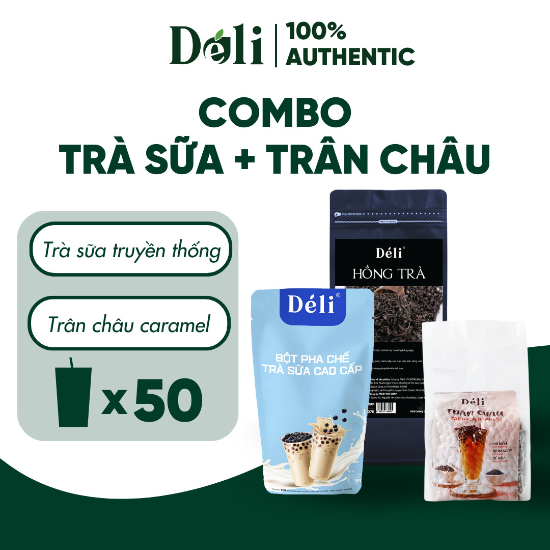 COMBO - Bôt Pha Trà Sữa Cao Cấp 1kg + Hồng Trà 500g + Trân Châu Caramel 1kg Déli