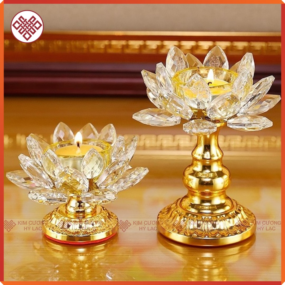 Chân Đèn đồ thờ cúng Hoa Sen pha lê đế hợp kim