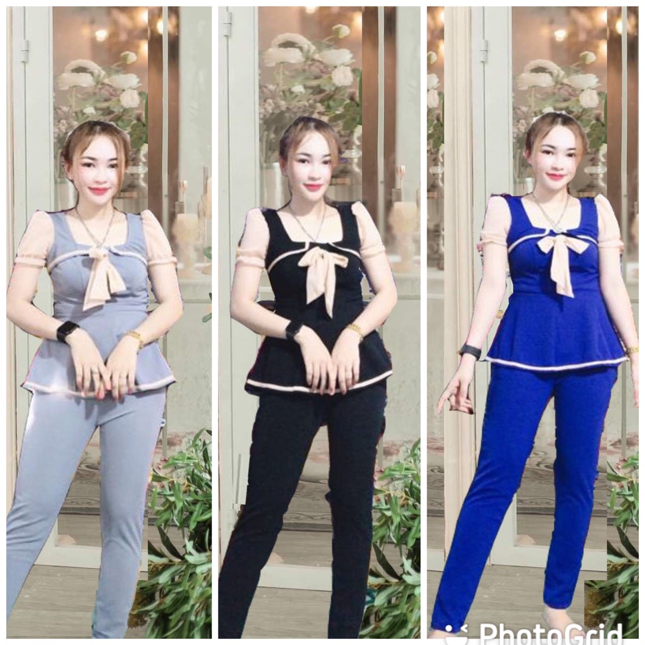 Set bộ thun cát hàn bành bèo nơ áo mặc nhà