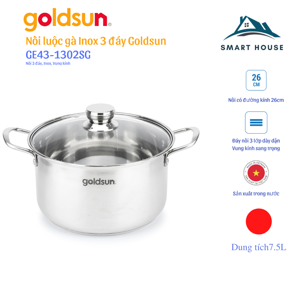 Nồi inox goldsun ge43-1302sg, size 26cm, dùng cho bếp từ, bếp ga, thương hiệu việt nam, nồi inox goldsun 3 đáy, nồi luộc gà