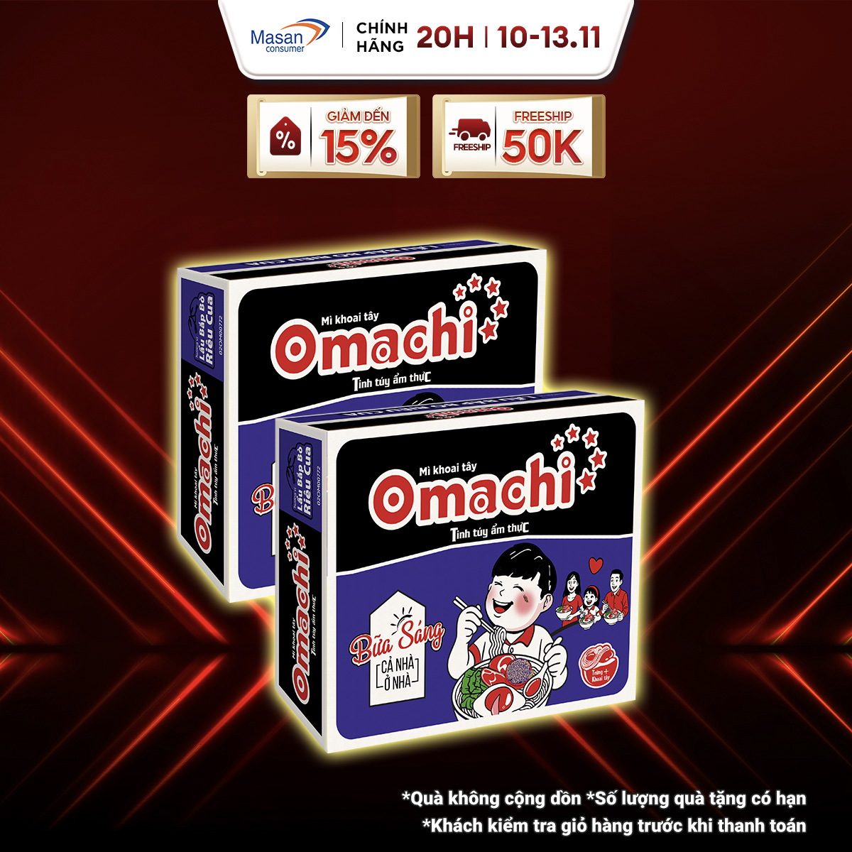 [11.11-13.11 Voucher 18% CHO ĐƠN TỪ 199K]Combo 2 thùng Mì Omachi Hương Vị Lẩu Bắp Bò Riêu Cua Gói 80