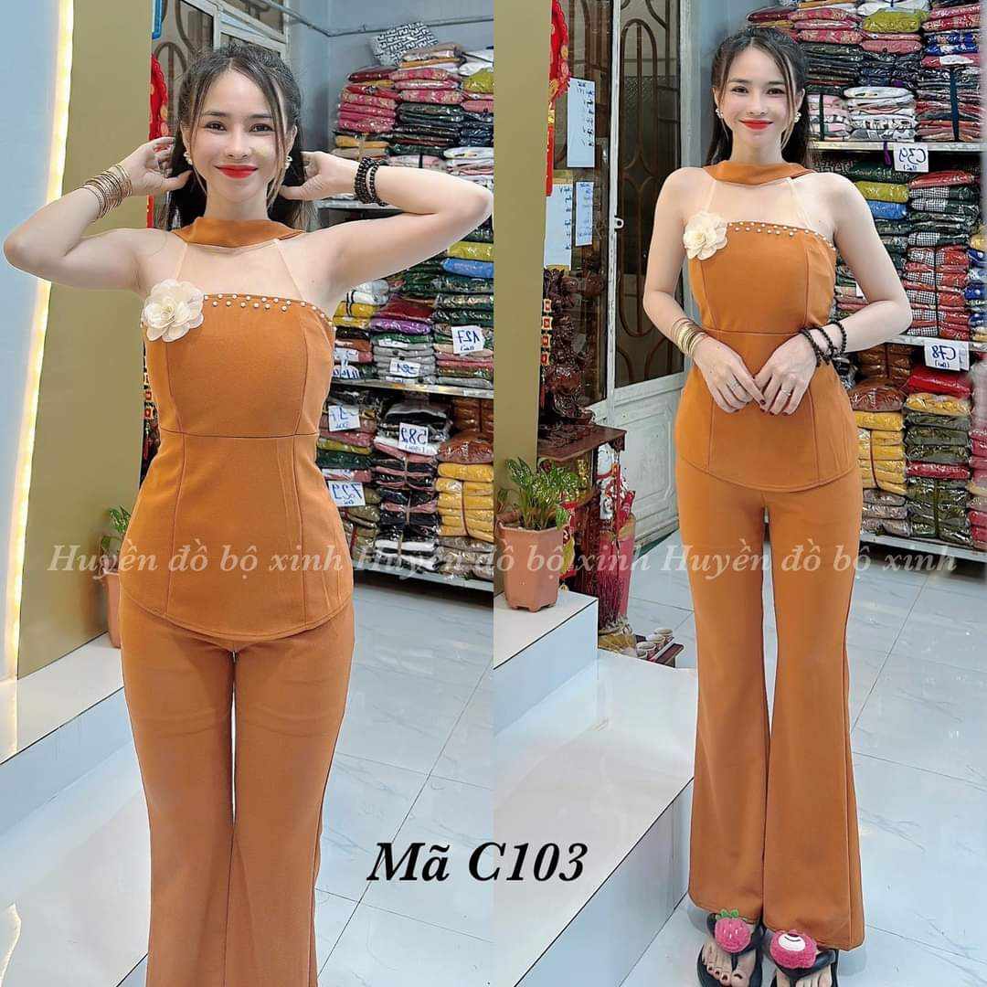 C103 sét bộ thun cát hàn áo đính hoa phối lưới cổ quần ống loe