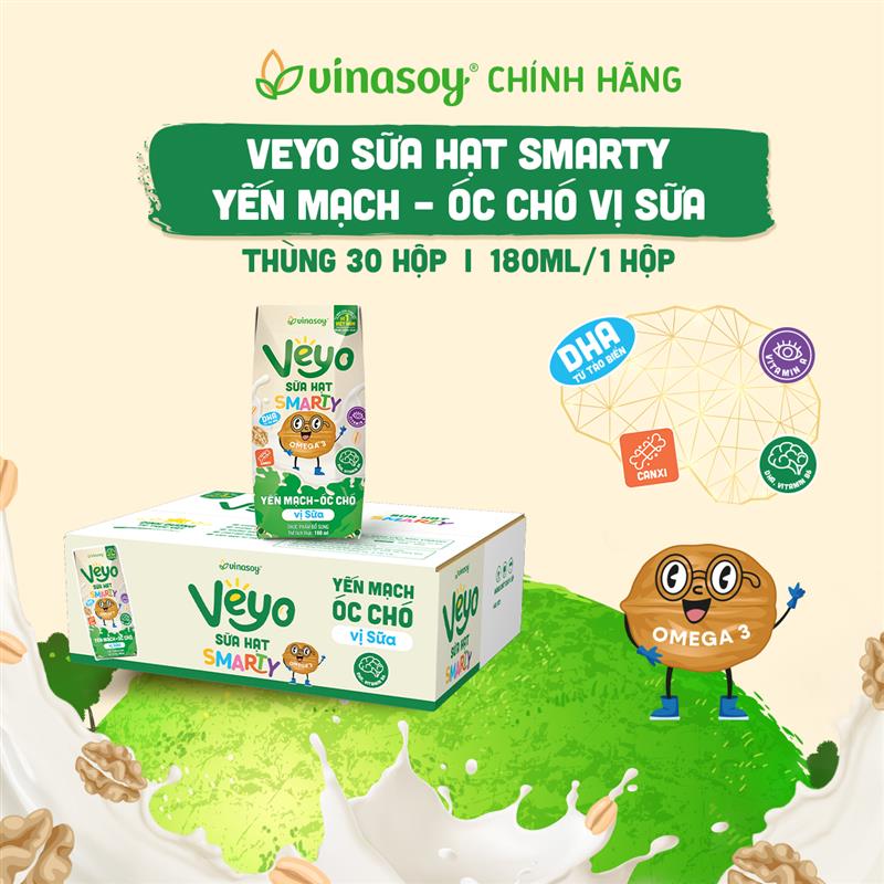Thùng Veyo Sữa hạt SMARTY Yến mạch - Óc chó vị sữa (30 hộp x 180ml)