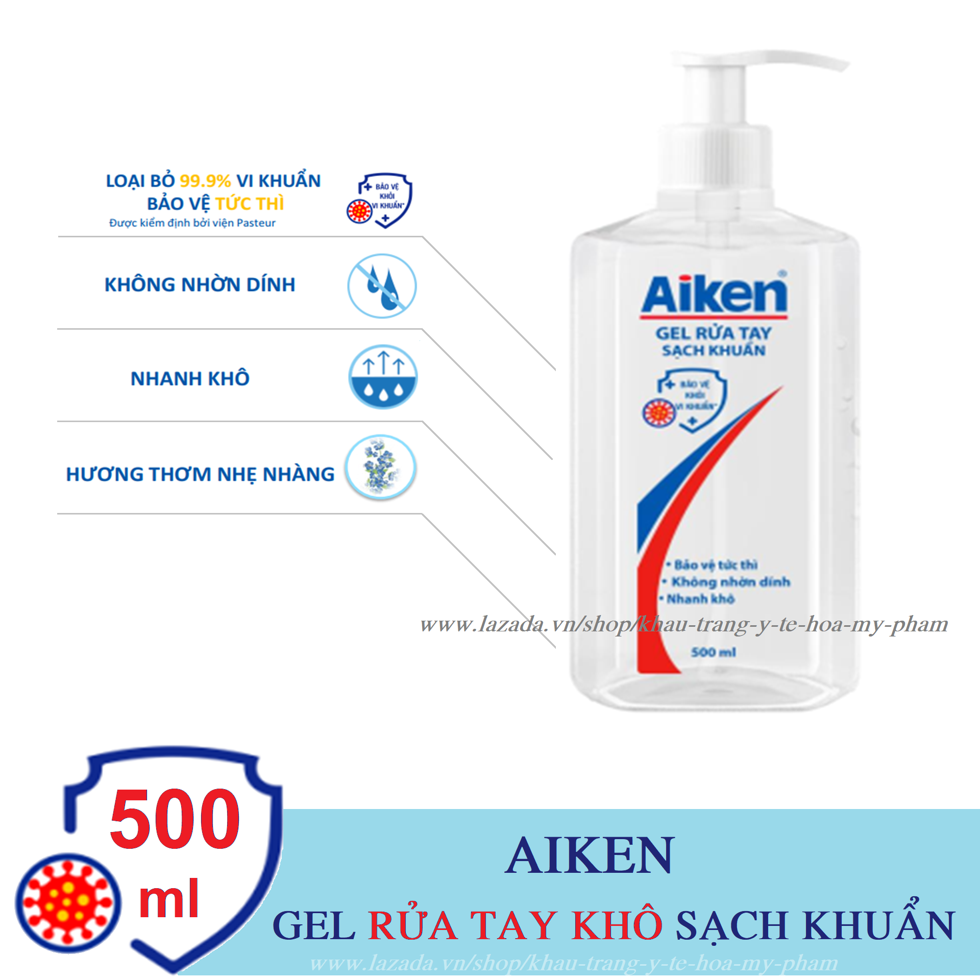 Aiken - Gel rửa tay khô sạch khuẩn 500 ml