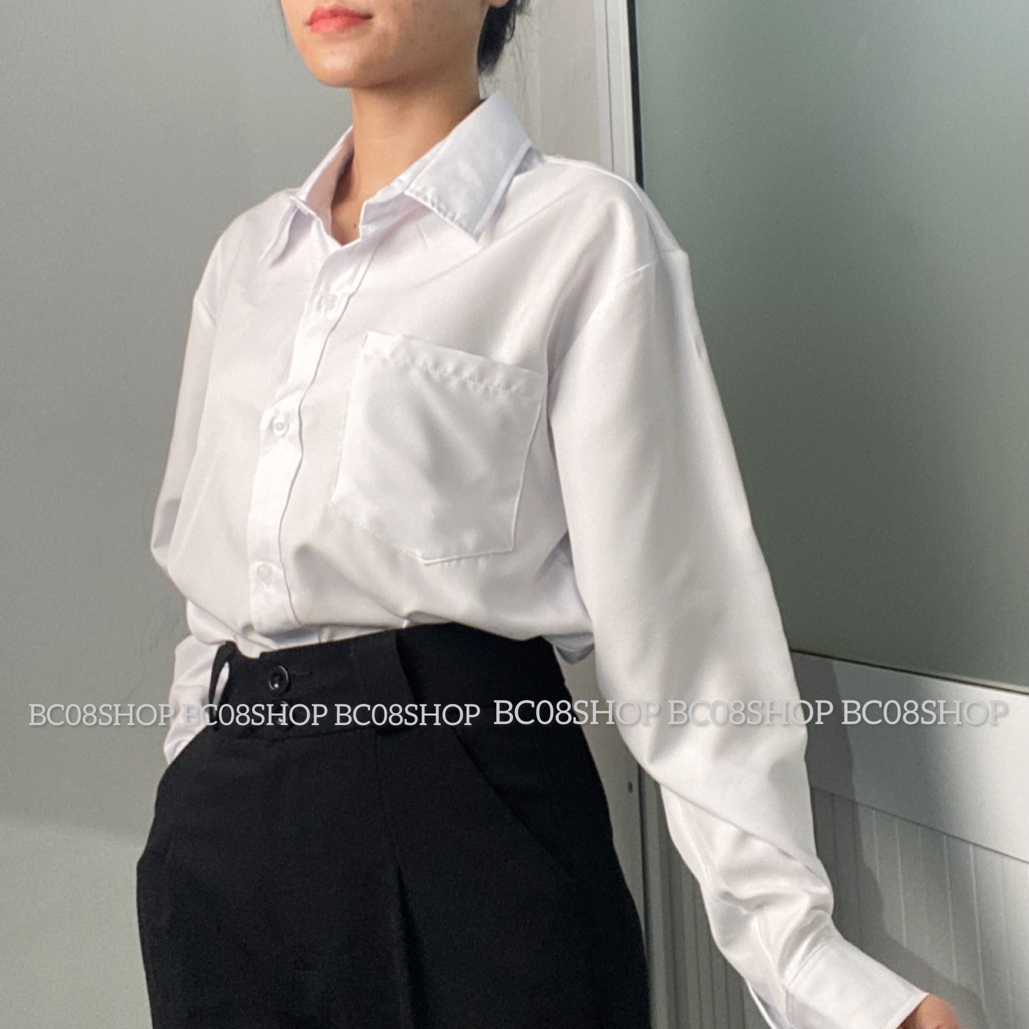 Áo sơ mi trắng tay dài túi basic phong cách unisex bc047