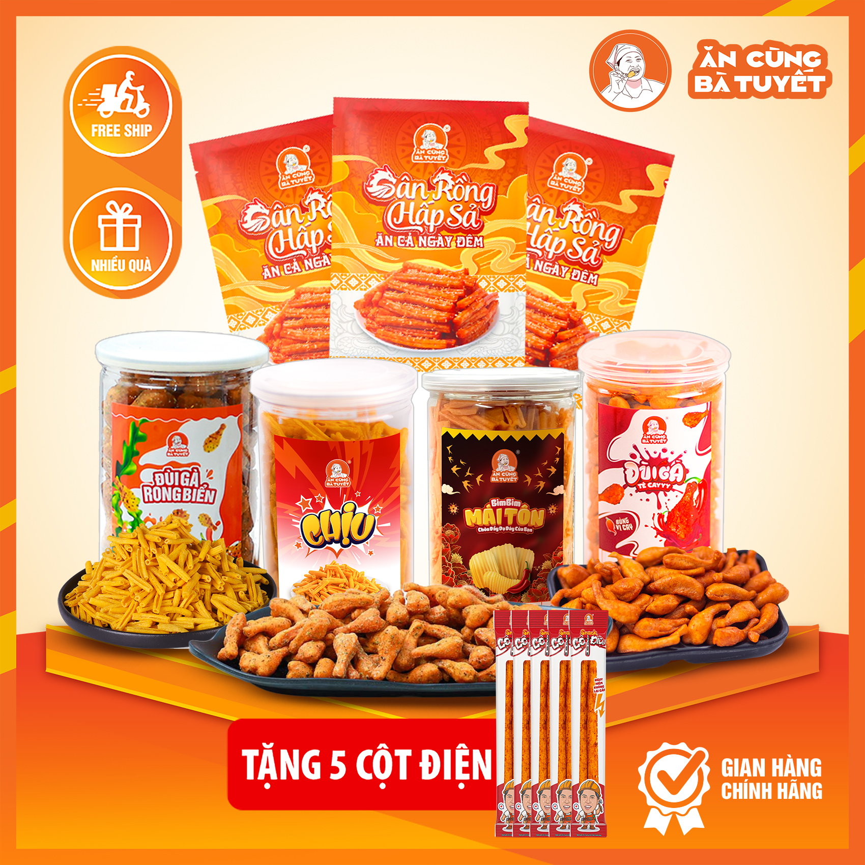 Combo LỆNH SÓNG ÂM: gồm 1  hũ chịu - 1 hũ đùi gà tê cay - 1 hũ đùi gà rong biển - 1 hũ bimbim mái tôn+  3 gói gân rồng+3 cột điện -ĂN CÙNG BÀ TUYẾT