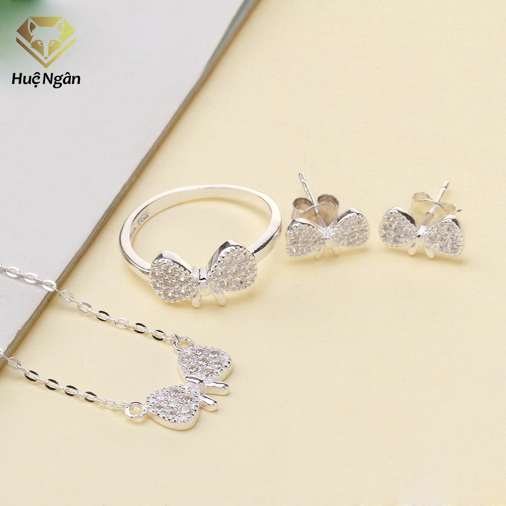 Bộ dây chuyền liền mặt, bông tai và nhẫn trang sức bạc Ý 925 Huệ Ngân - Nơ xinh TS160017