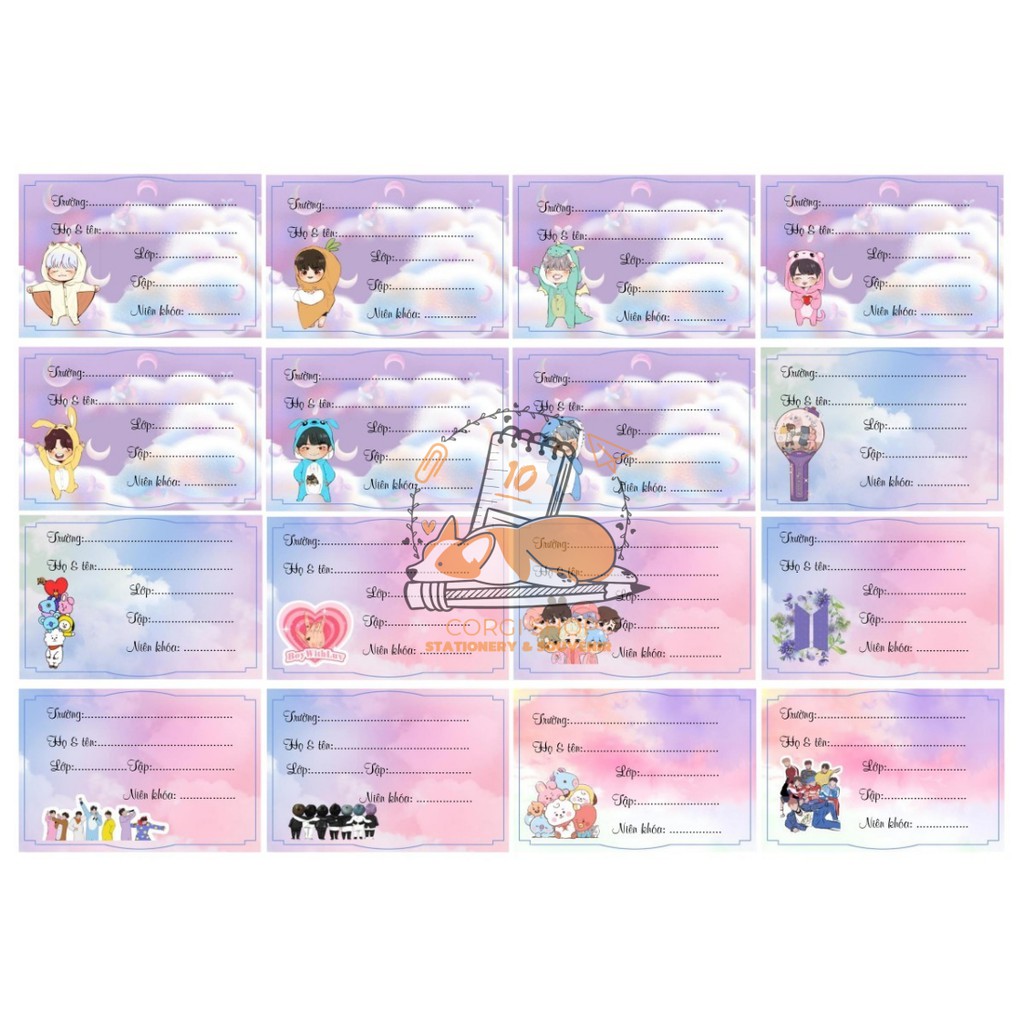 Set 16 nhãn vở hoạt hình Bare Bear, Doraemon, thỏ molang, pokemon (nhãn vở học sinh theo yêu cầu)