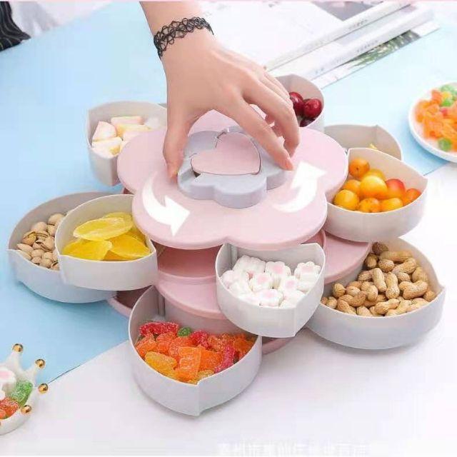 Khay đựng mứt kẹo tự xoay hình cánh hoa 2 tầng