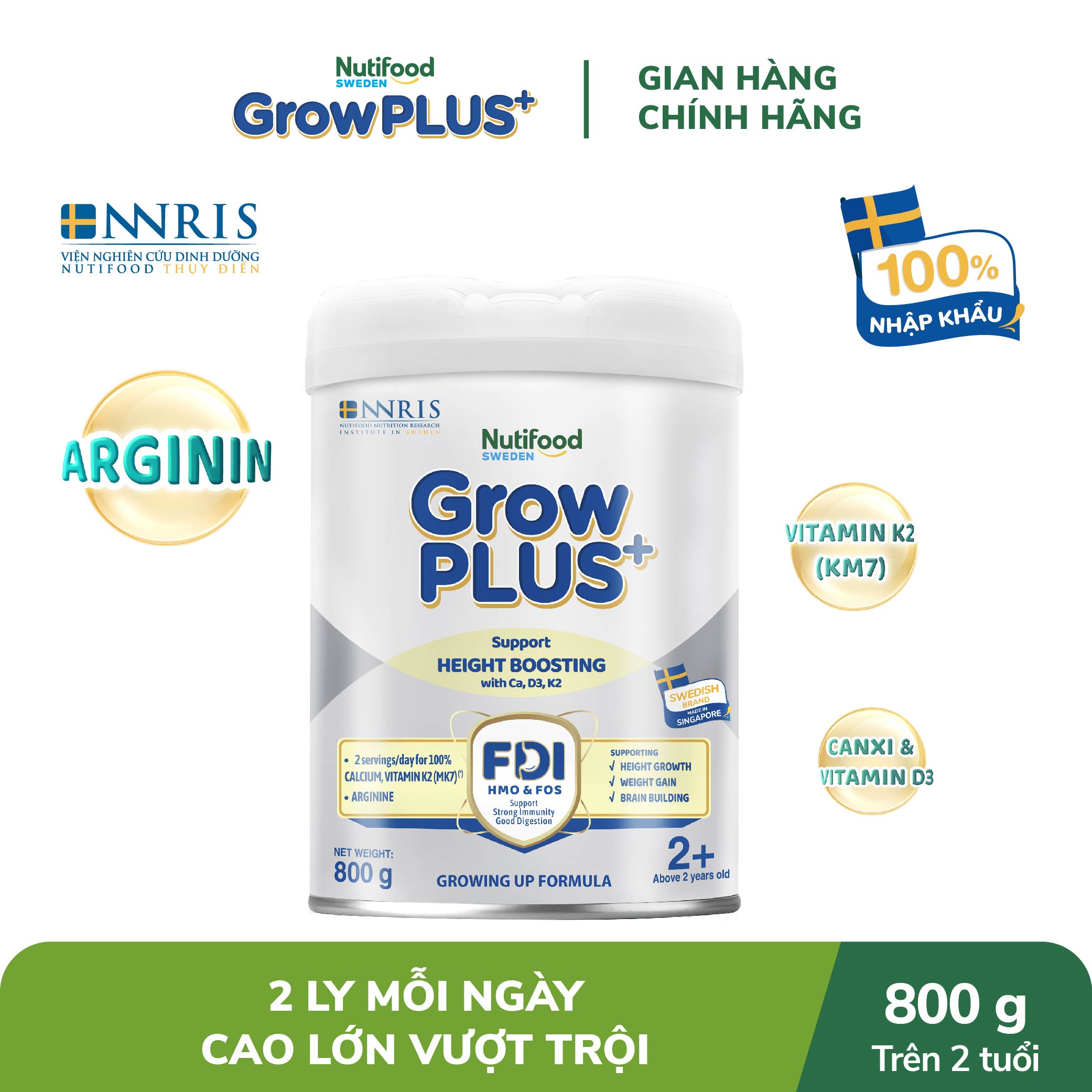 Combo 3 Sữa Bột Nutifood Sweden GrowPLUS+ Cao lớn vượt trội - Hỗ trợ phát triển chiều cao trên 2 tuổi (Bạc) 800g