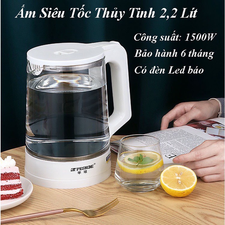 Ấm Siêu Tốc Thủy Tinh, Bình Đun Nước Siêu Tốc Cao Cấp Peskoe 2 Lít, Công Suất Lớn 1500W, 2 Màu Đen Trắng, Cực Bền, Bảo Hành 6 Tháng, MIN_MART