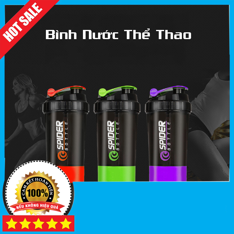 Bình nước, bình nước thể thao Spider 3 ngăn, dung tich 650ml , bình nước thể thao tập gym
