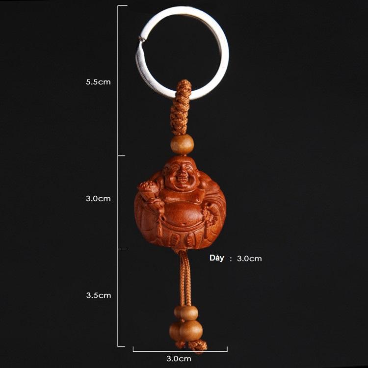 Móc khóa gỗ thủ công khắc hình phật di lặc cầm tiền
