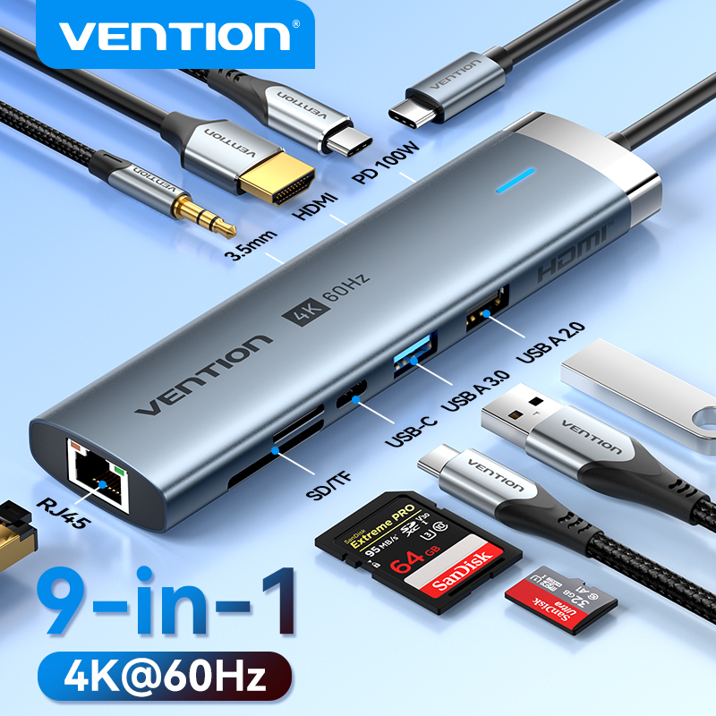 Vention USB C HUB Type C to HDMI USB 3.2 Gen 1 RJ45 PD 100W 4K 60Hz 5Gbps Multi Port Adapter for Laptop MacBook iPhone 16 15 iPad Pro Samsung Galaxy Huawei USB 3 0 Docking Station