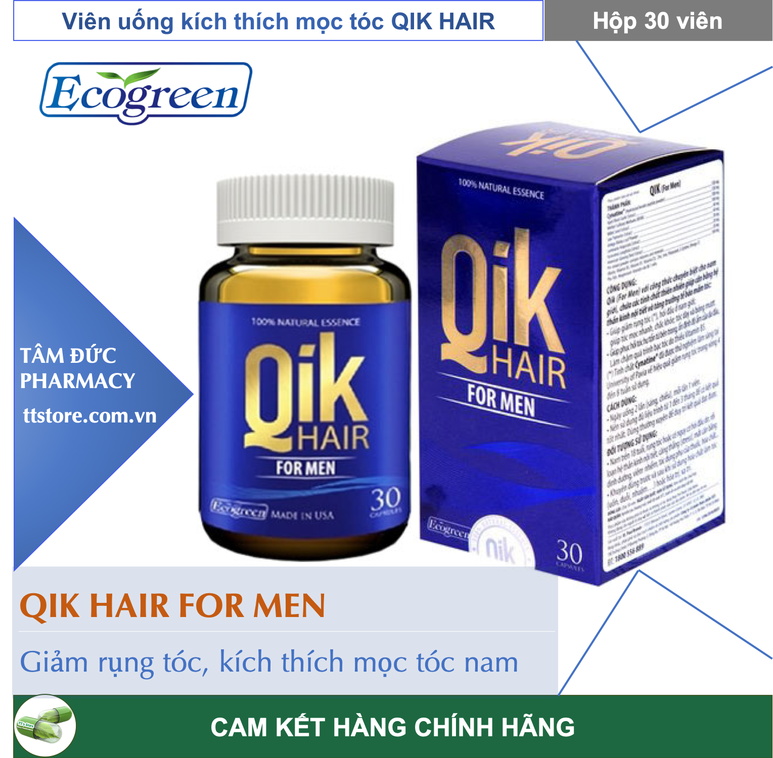 [HCM]QIK HAIR for Men [Hộp 30 viên] - Viên uống ngăn rụng tóc kích thích mọc tóc cho nam [ECO GREEN]