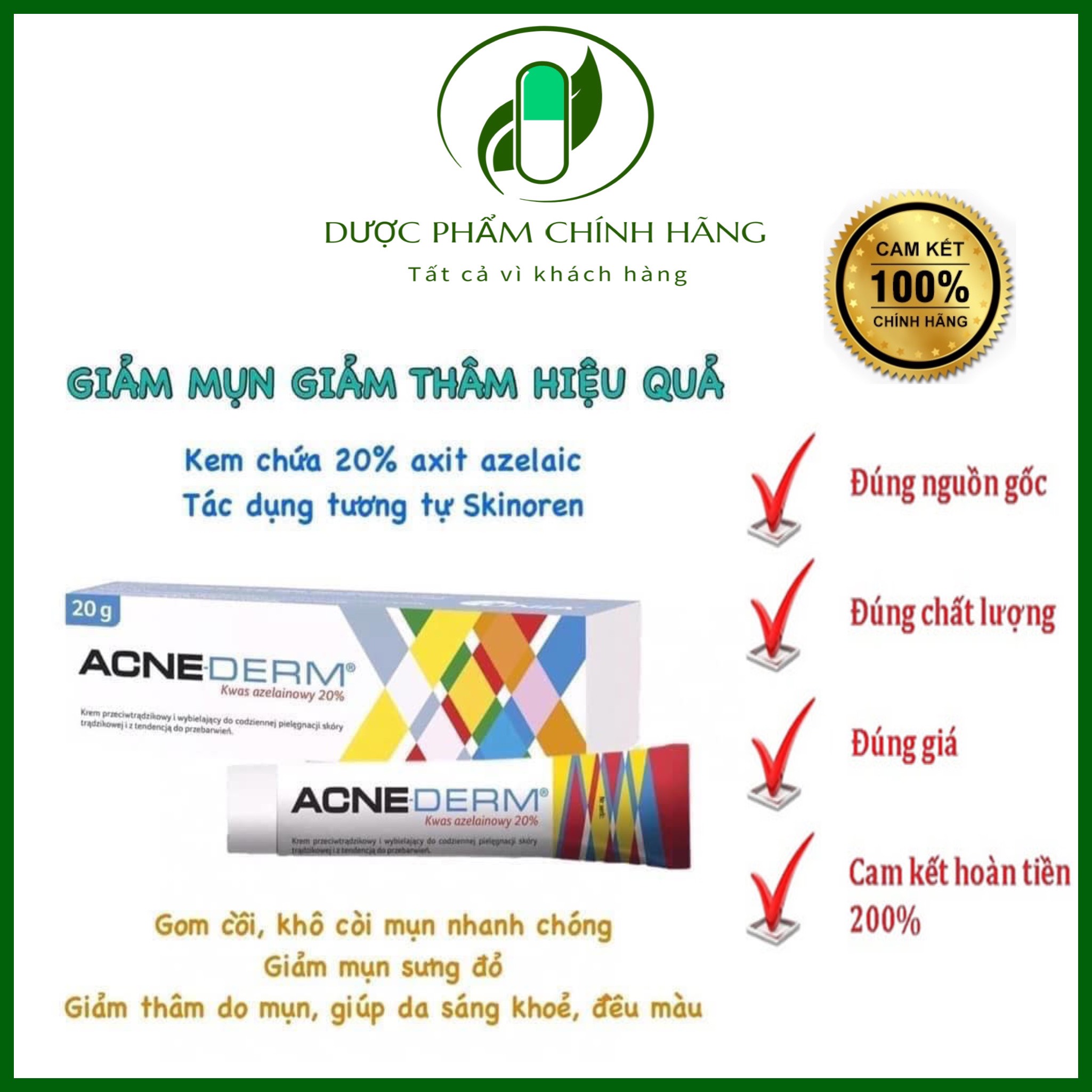 Acne Derm Kem giảm mụn Acnederm Azelaic Aicd 20% làm trắng da 20g
