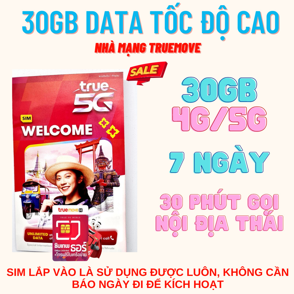 Thẻ vào mạng Sim du lịch Thái Lan 30GB tốc độ cao trong 7 ngày và 30 phút gọi miễn phí