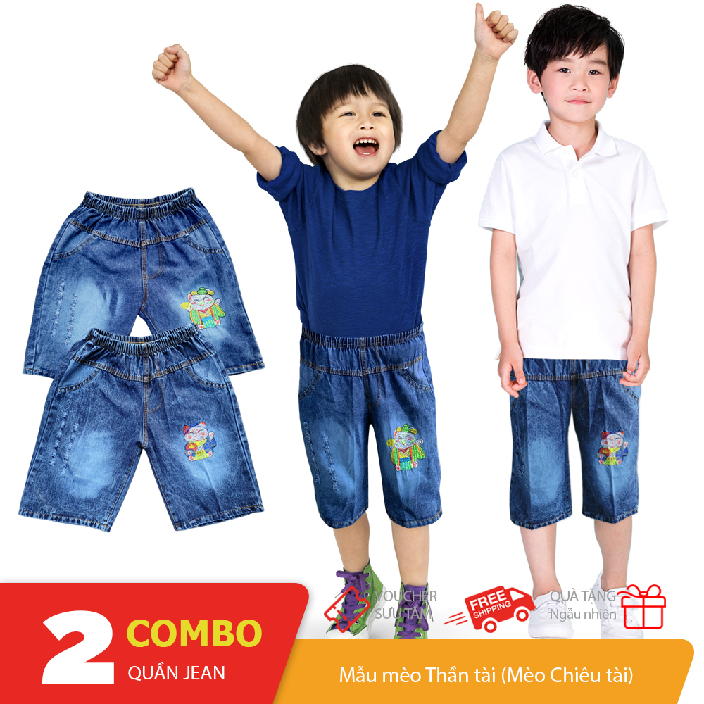 Combo 2 quần Jean lửng bé trai mèo thần tài Maneki Neko size 25-50kg