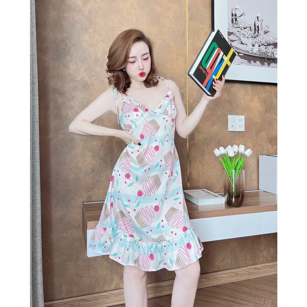 Váy ngủ 2 dây cúp ngực chất lụa latin dáng xuông liền thân S503 - đồ ngủ cao cấp Vy Linh