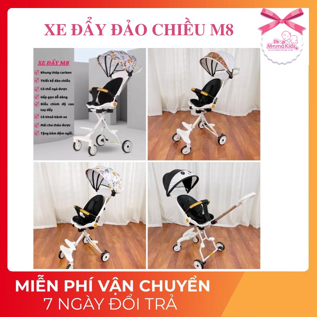 Xe đẩy gấp gọn đi dạo 2 chiều ghế ngả có đệm + mái full phụ kiện M8, M9