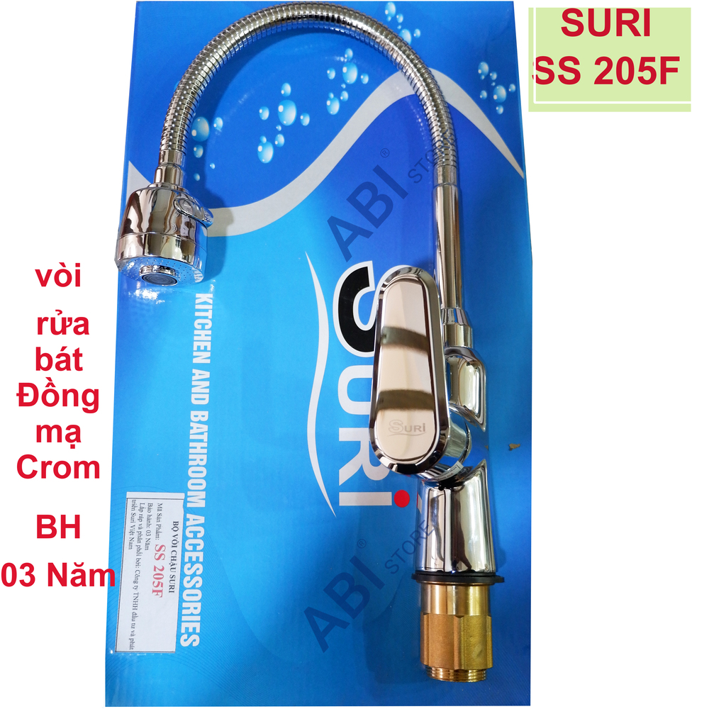 Vòi rửa bát cổ bi 205F Việt Nam B.H 3 năm phiếu hãng bền đẹp, Vòi bồn rửa chén cần mềm cắm chậu kèm đôi dây cấp nước