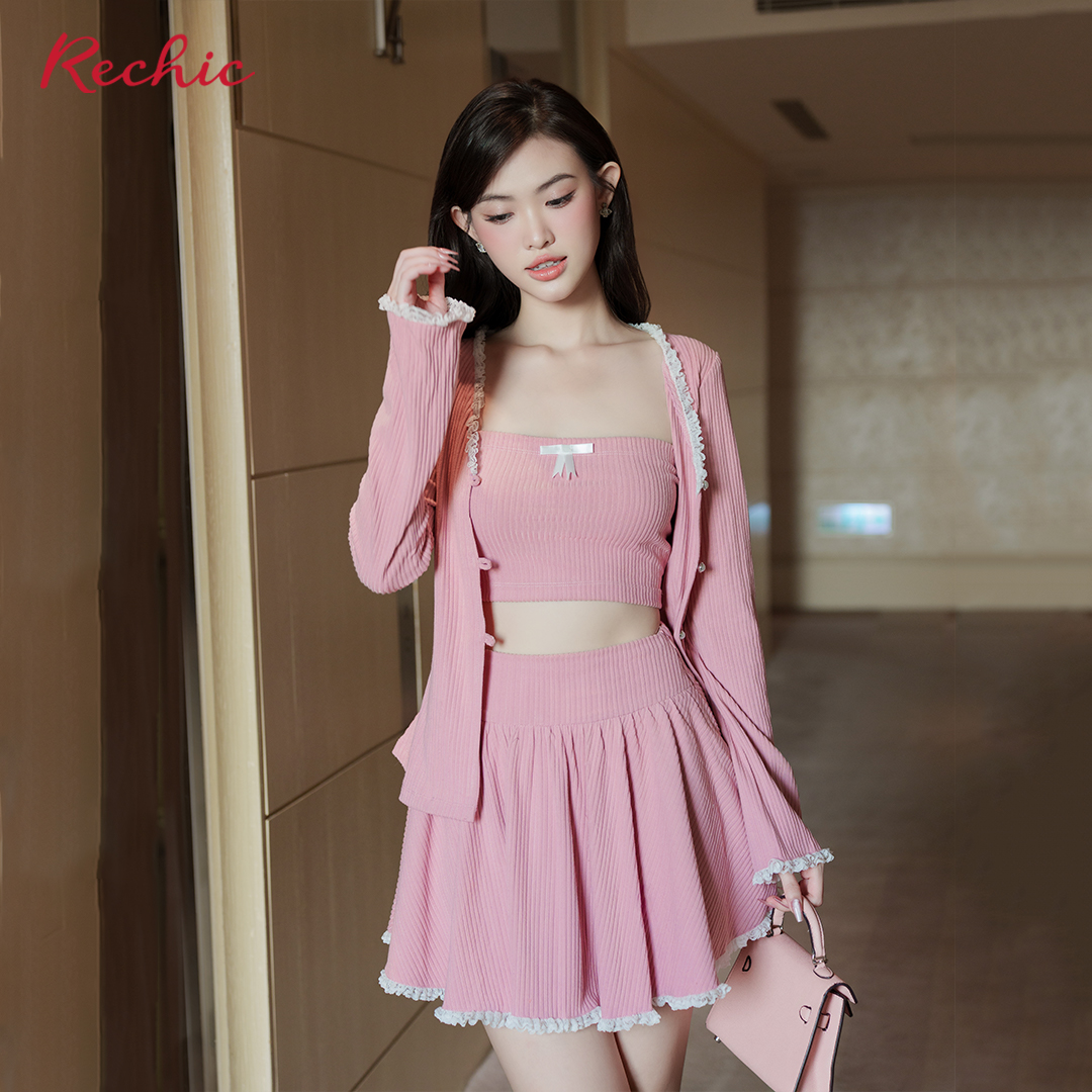 RECHIC Set Yuki thun áo khoác, áo ống và chân váy xòe trẻ trung năng động