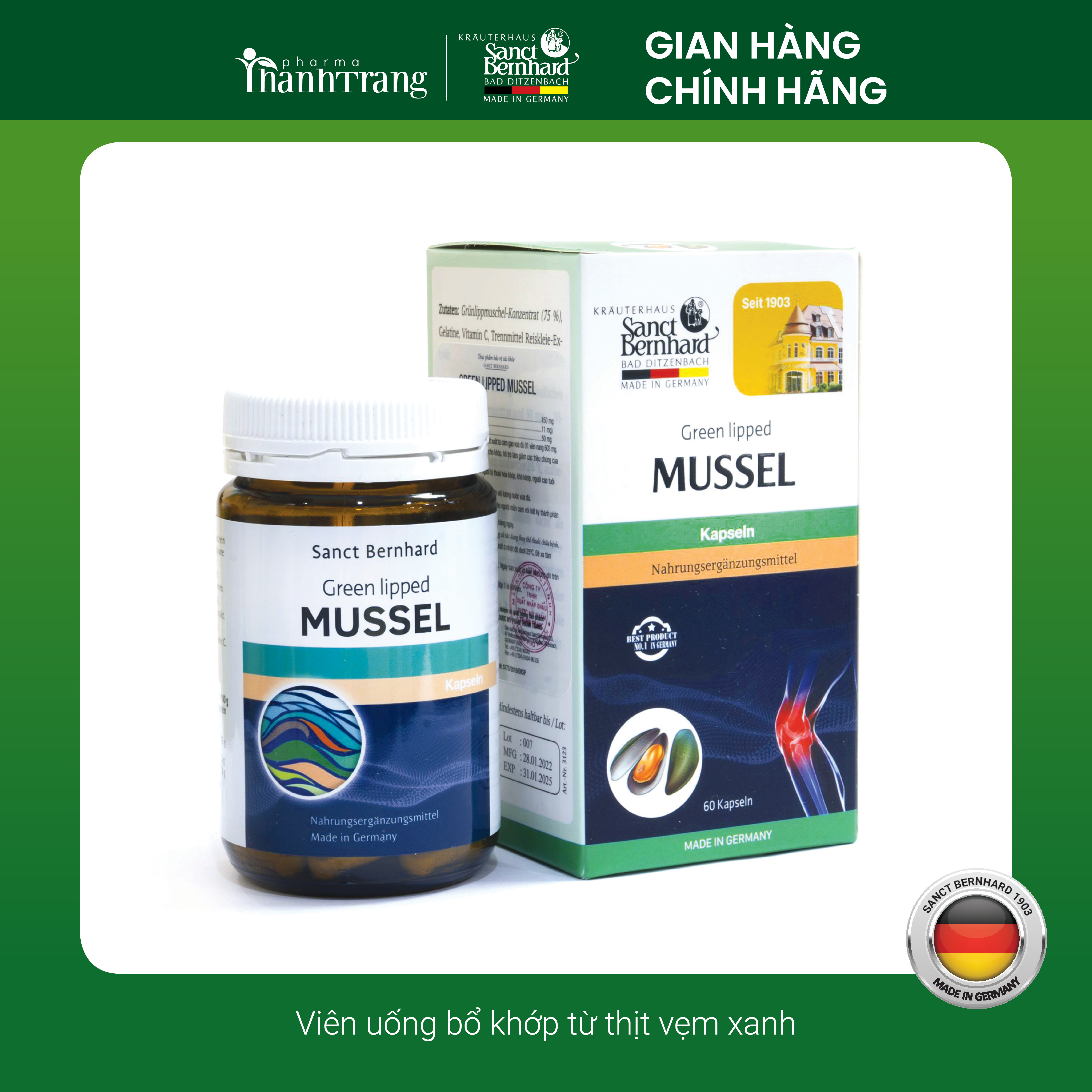 Vẹm xanh Mussel Sanct Bernhard bổ khớp, hỗ trợ giảm đau xương khớp 60 viên - Chính hãng Đức