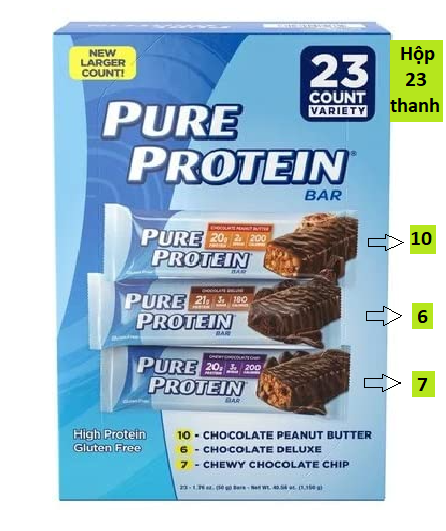 Bánh protein Pure tăng cân, tăng cơ tự nhiên an toàn khoa học với ~20g Protein dễ hấp thụ (Hộp 23 thanh - 3 vị Socola)
