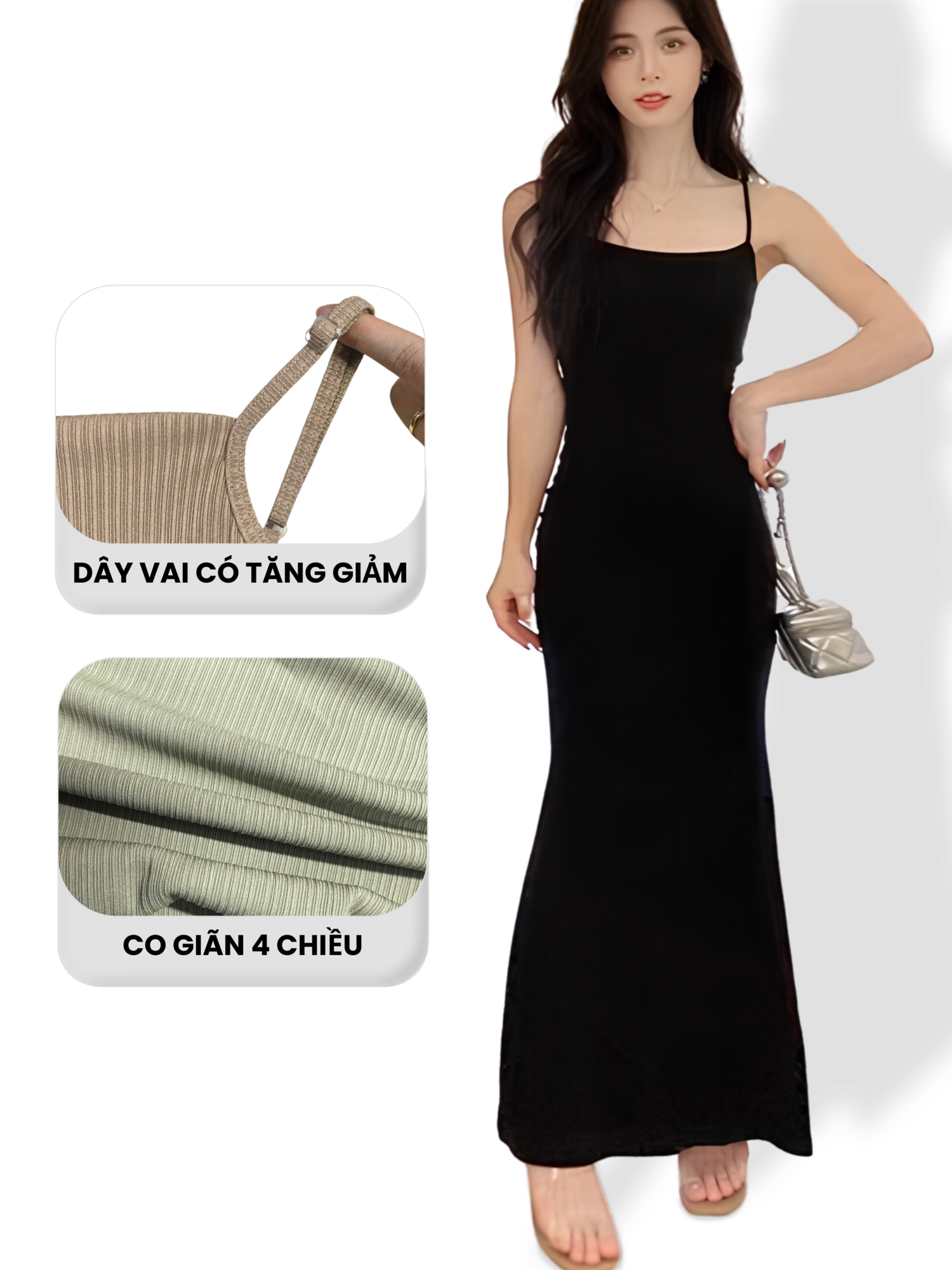 Váy body hai dây dáng ôm dài midi madela thun gân co giãn, đầm body hai dây dài chất thun co giãn thoải mái