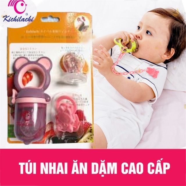 Túi nhai ăn dặm chống hóc kichilachi /tặng kèm 3 núm thay thế và dây đeo