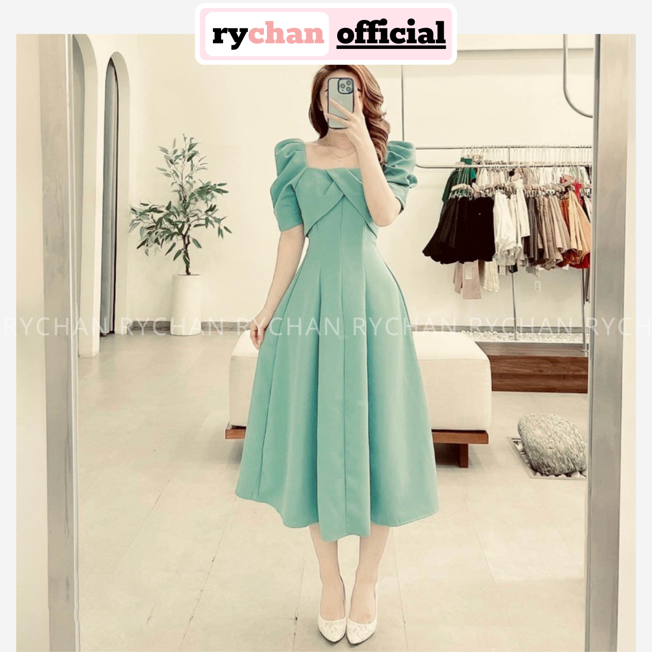 Đầm nữ cổ vuông xếp ngực tay ngắn trang trọng, đầm nữ đi đám cưới midi dáng xòe basic sang trọng màu mint - dx873