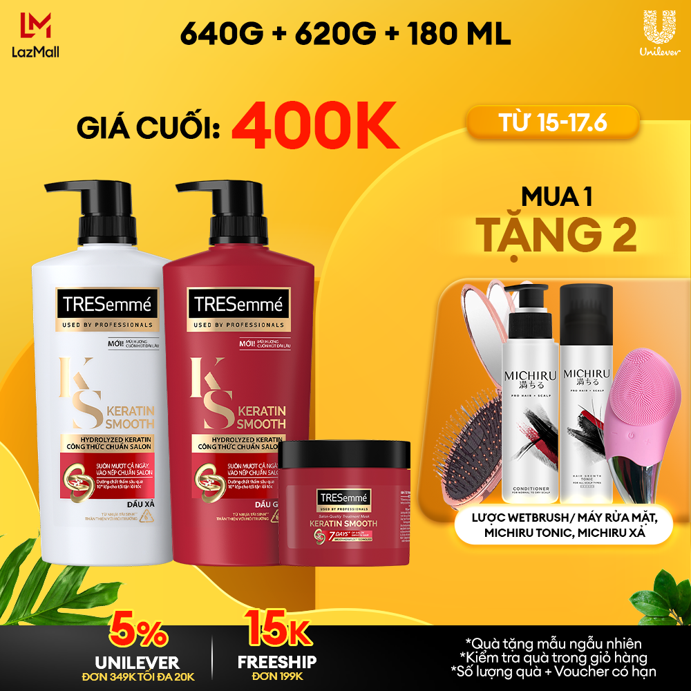 Combo Gội 640g Xả 620g & Ủ 180ml TRESEMME Keratin Smooth với Dầu Dưỡng tóc Argan & Keratin