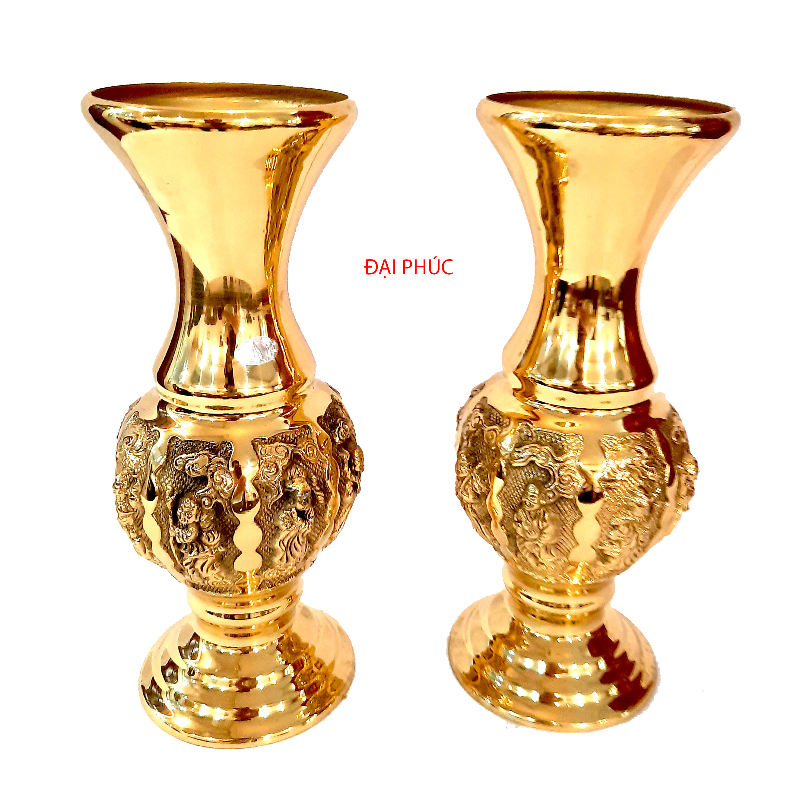 Đôi lọ hoa La Hán cao 30 cm bằng đồng màu vàng sáng bóng