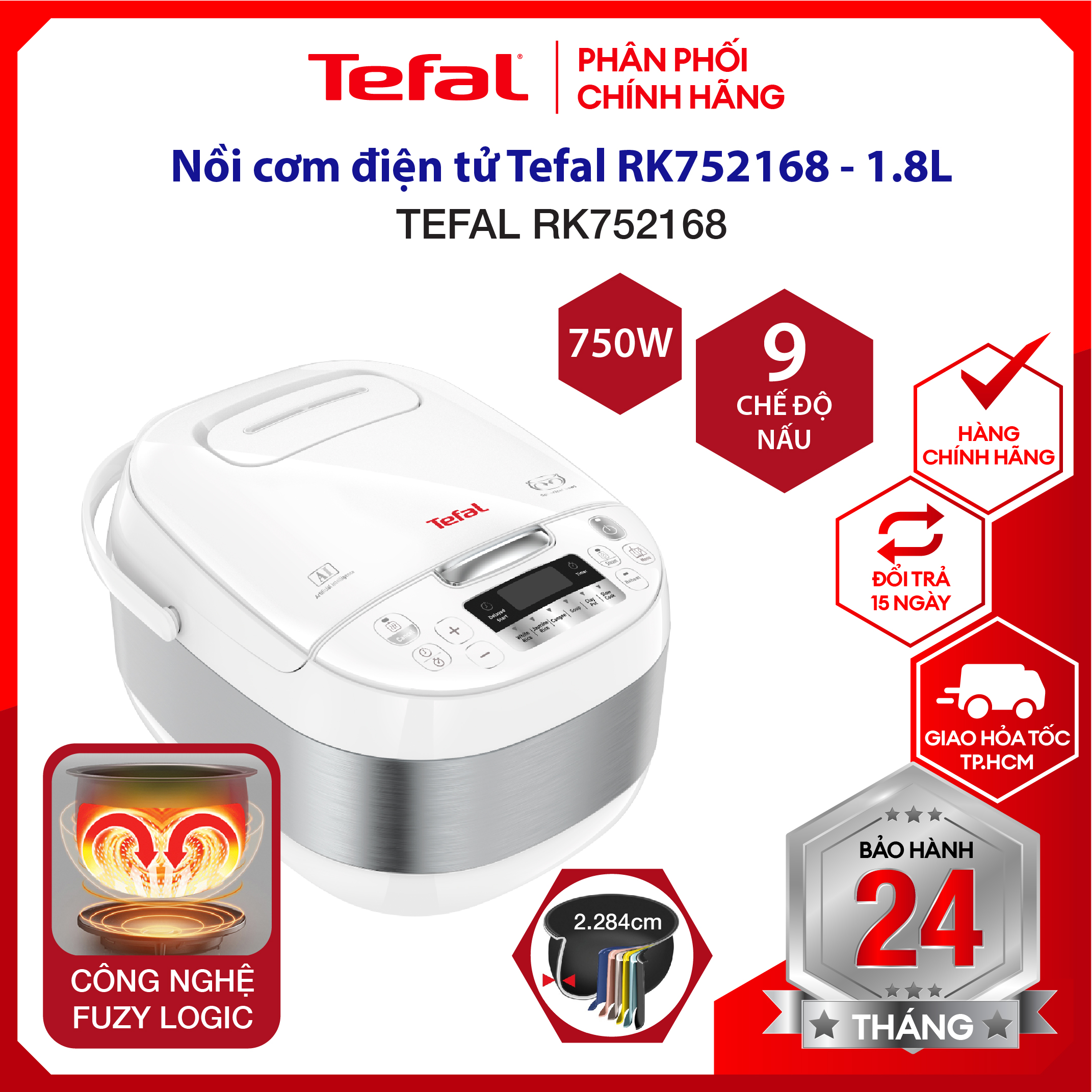 |HỎA TỐC 2H| Nồi cơm điện tử, nồi cơm đa năng Tefal RK752168 - 1.8L, 750W - lòng nồi niêu chống dính, 10 chức năng đa dạng, nấu cơm cháy, chính hãng bảo hành 2 năm