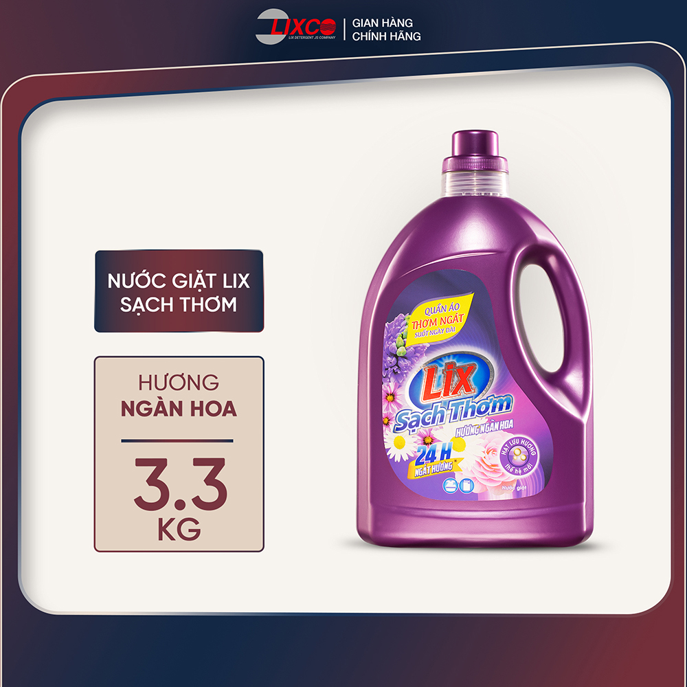 Nước giặt quần áo siêu thơm Lix sạch thơm 3.3kg - Làm Sạch nhanh vết bẩn
