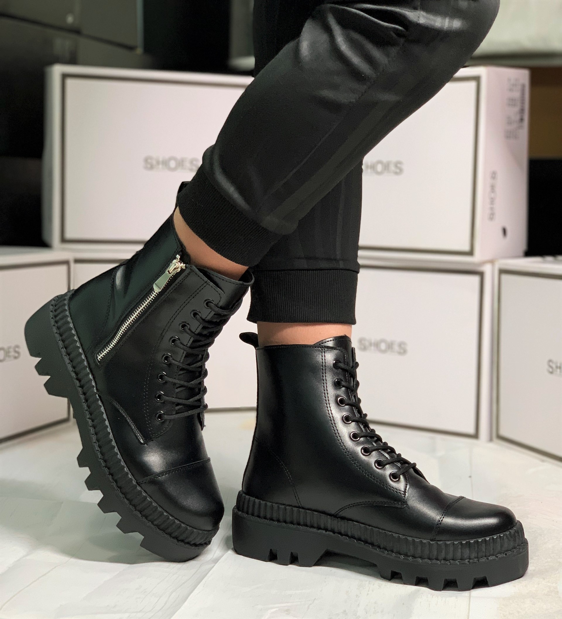 Giày bốt nam cổ cao - dây buộc kết hợp khóa zip cao cấp Trần Gia mã 911