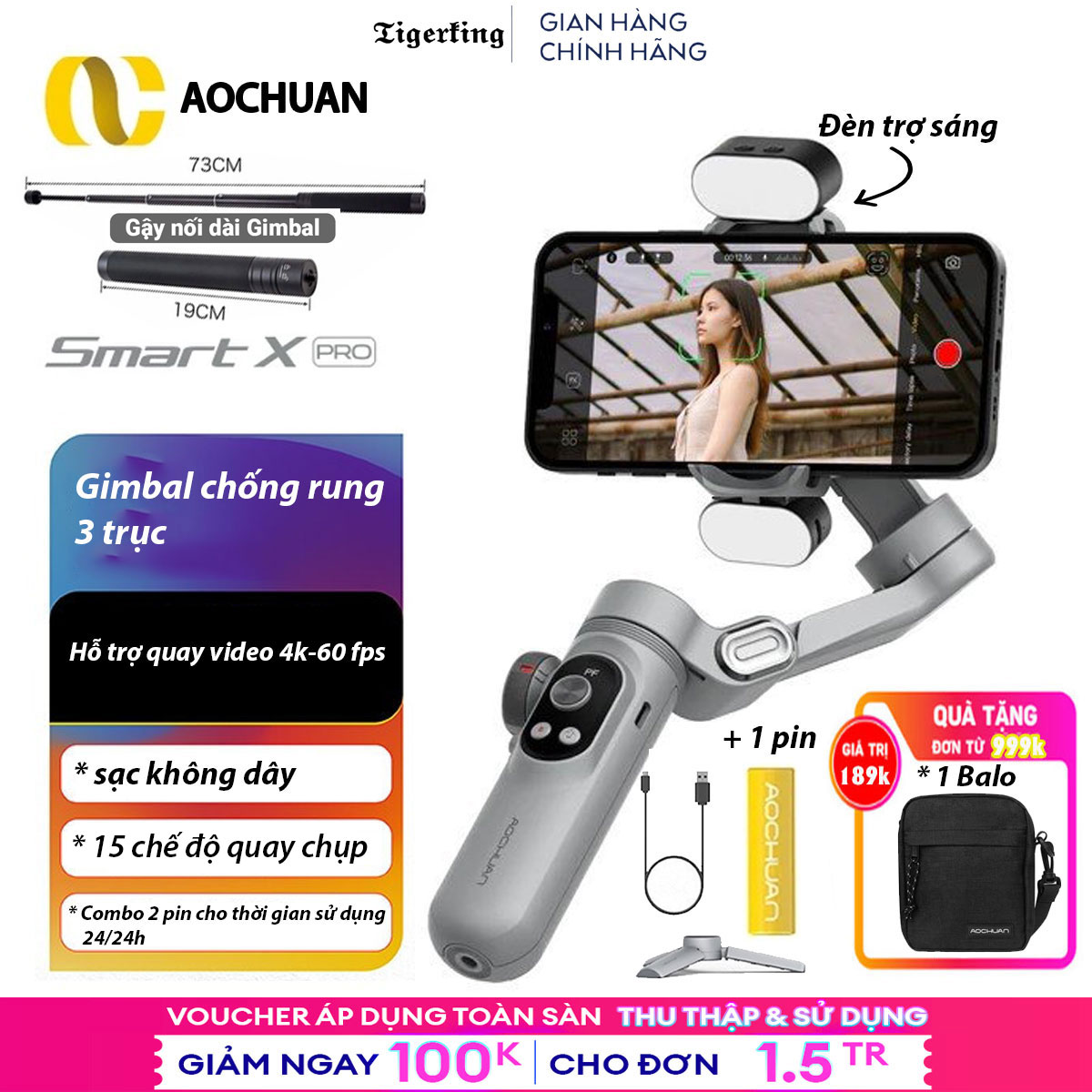 Tay cầm chống rung gậy Gimbal Smart X PRO chống rung quay phim quay vlog chống rung cực tốt thiết bị quay video cho máy ảnh điện thoại nhận dạng khuôn mặt độ chính xác cao ổn định hơn. Bản Nâng Cấp 2023