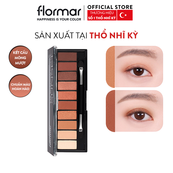 Bảng phấn mắt flormar 10 màu tông lì và ánh nhũ kèm cọ trang điểm 10g