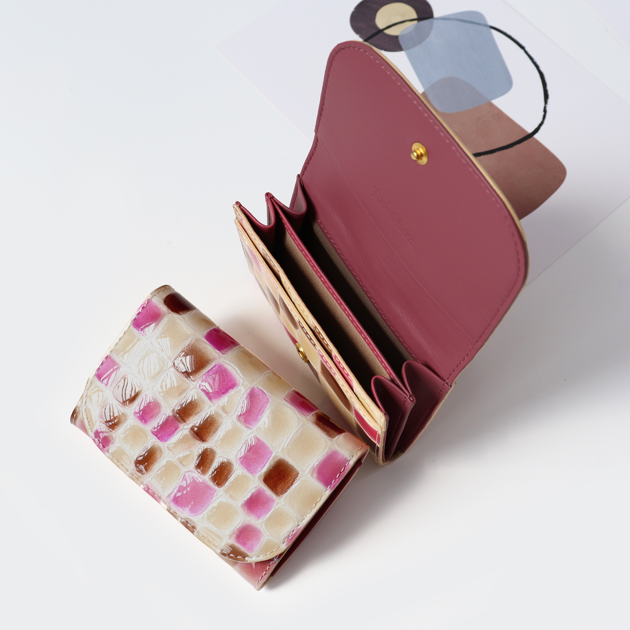 Ví đựng thẻ mini Sophia da bò tráng men kính màu Pink Ohara Leather