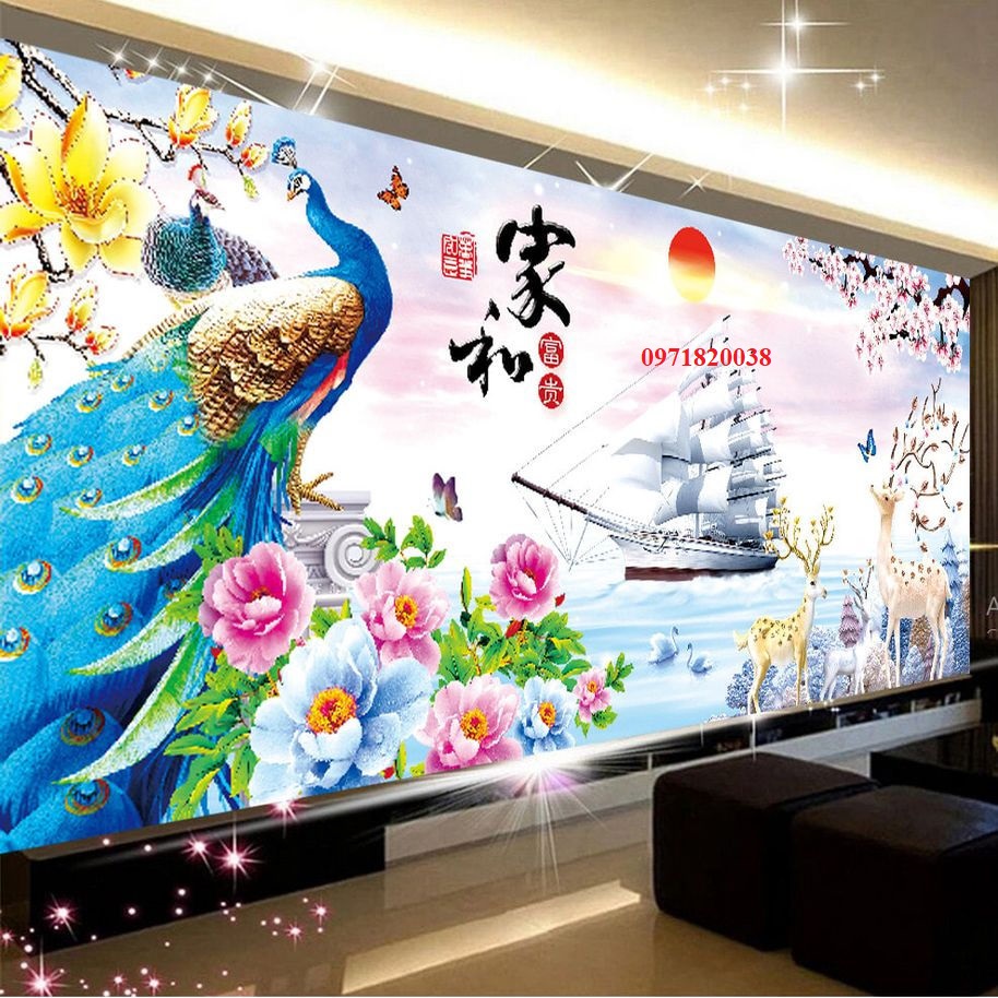 (xả mẫu chưa thêu) Tranh thêu kín phong cảnh đẹp Mùa xuân muôn hoa đua nở (100x55cm)