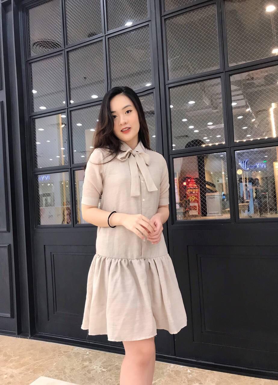Váy suông/ bầu đuôi cá nơ cổ vải tơ sống cao cấp 2 lớp