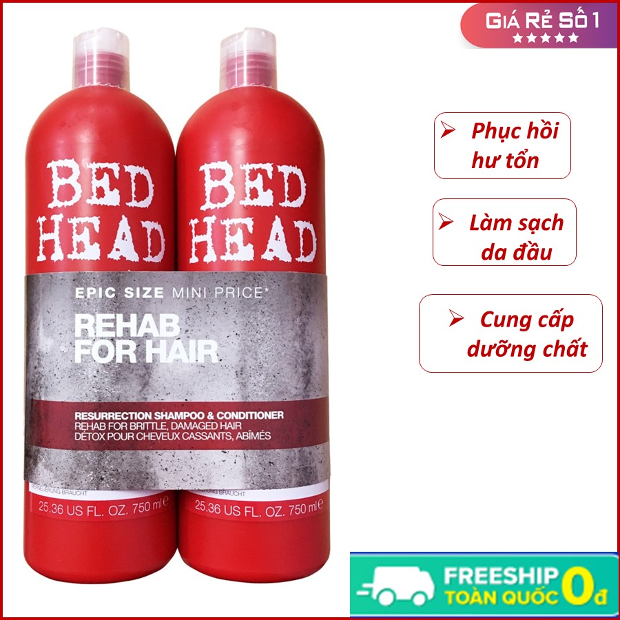 Cặp dầu gội xả Tigi Bed Head đỏ phục hồi tóc hư tổn, dầu gội Tigi Bed Head 750ml, cặp gội xả phục hồi tóc hư tổn cấp độ 3, giảm gãy rụng