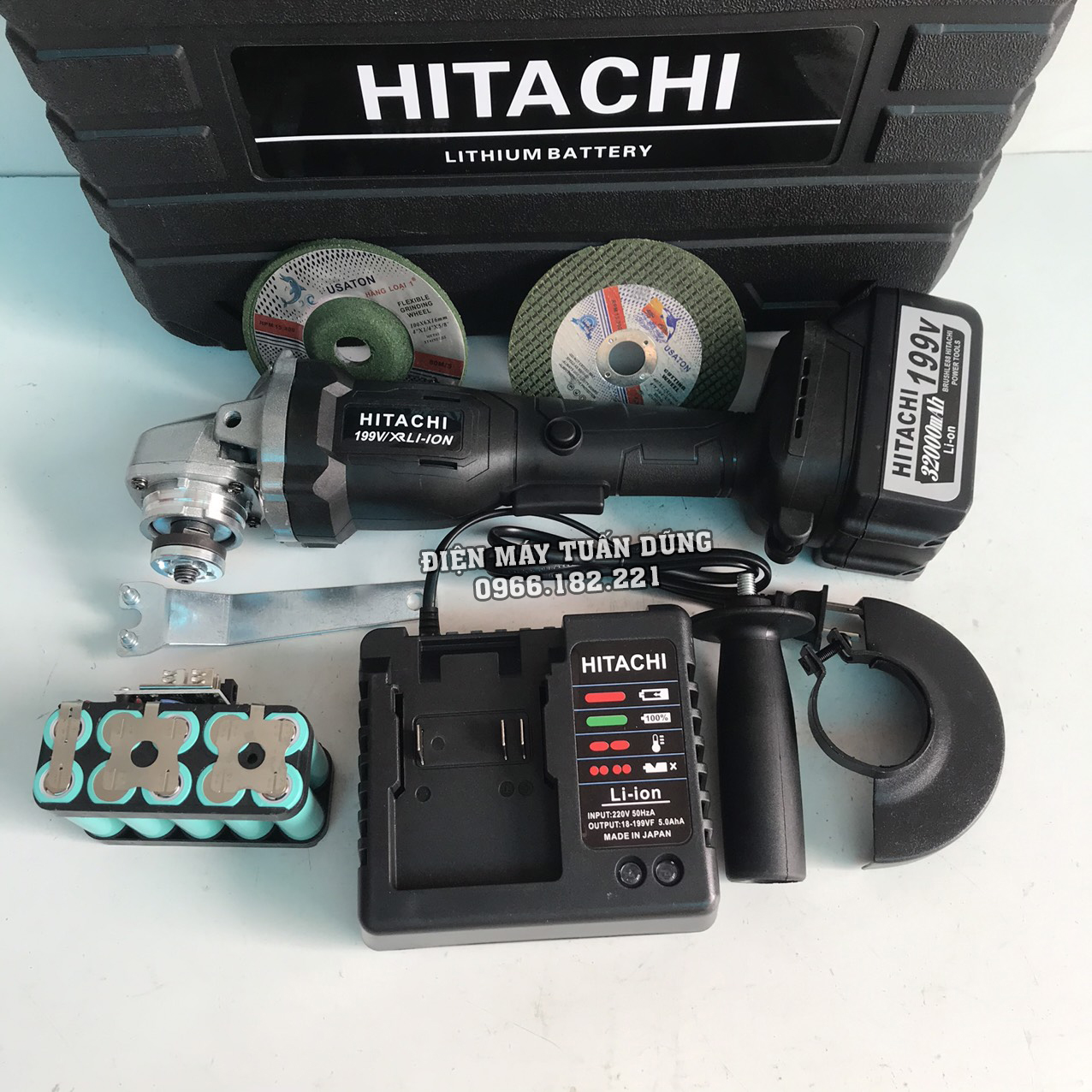Máy Mài Pin HITACHI 199V, 2 pin 20000mAh, không chổi than KÈM ĐÁ MÀI ĐÁ CẮT