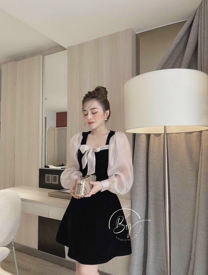 Đầm tiểu thư cổ vuông cột nơ, phối tay phồng dể thương,chất kate mặc cực xinh