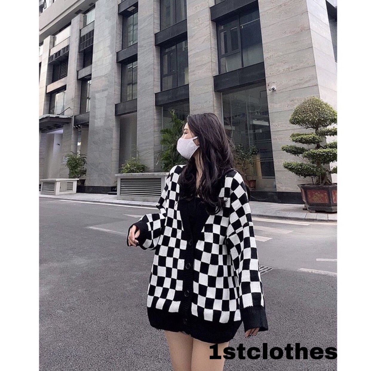 Áo cardigan nữ hàn quốc BÀN CỜ [FREESHIP] Áo from rộng nữ chất vải dày họa tiết caro đen trắng độc lạ 1st clothes
